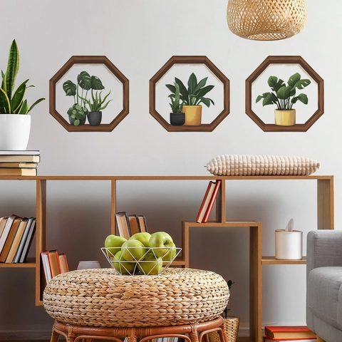 Nordic Style Green Potted Plants Wall Stickers PVC Octagonal Frame Botanical Pattern Modern Art Wall Decal For Living Room Bedroom Home Decor