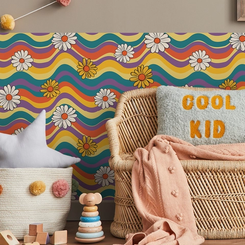 Retro 70er Stil Wellen Gänseblümchen Wandaufkleber Wasserdicht PVC Deko Wandtattoo Für Schlafzimmer Wohnzimmer Kinderzimmer