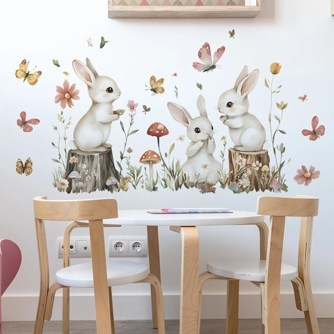 Adesivi Murali a Forma di Coniglio e Fiori ad Acquerello in PVC Rimovibili per Cameretta Bambini Camera da Letto Decorazione