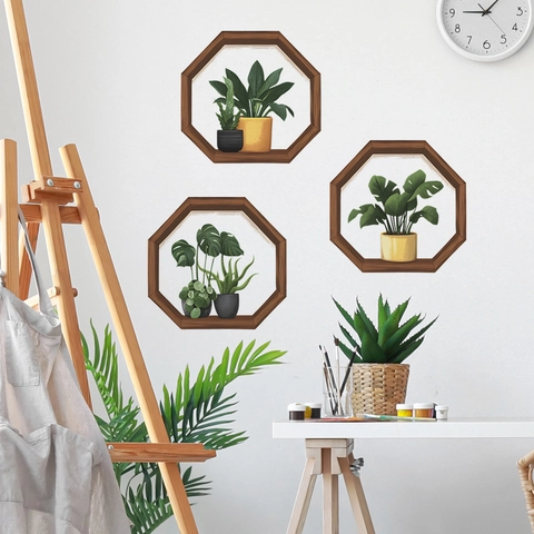 Nordic Style Green Potted Plants Wall Stickers PVC Octagonal Frame Botanical Pattern Modern Art Wall Decal For Living Room Bedroom Home Decor