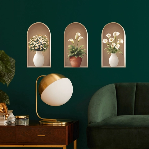 Adesivi Murali Arco 3D Fiori Realistici Margherita Calla Piante in Vaso PVC Decorazione Estetica per Soggiorno