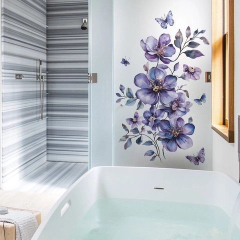 Watercolor Purple Flower Butterfly Wall Sticker PVC Removable Decal For Bathroom Glass Window Home Decor Aesthetic Mural