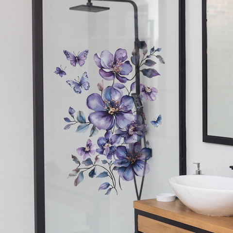 Watercolor Purple Flower Butterfly Wall Sticker PVC Removable Decal For Bathroom Glass Window Home Decor Aesthetic Mural