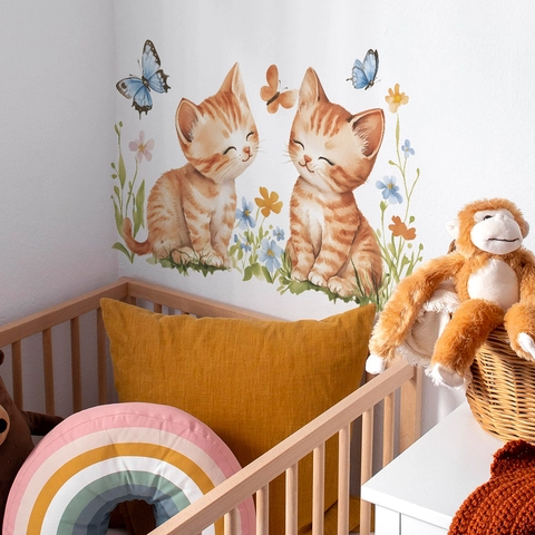 Adesivi Murali Gatto Arancione Farfalla Cartone Animato PVC Stile Acquerello Murale DIY Rimovibile Per Decorazione Cameretta Letto