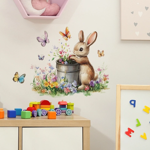 Watercolor Rabbit Holding Flower Basket Butterfly Wall Sticker PVC Removable DIY Decorative Mural Decal For Kids Room Bedroom