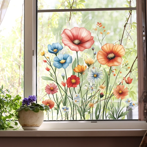 Aquarell Mohnblume Fensteraufkleber PVC Transparent Glasaufkleber Für Haus Dekor Wohnzimmer Badezimmer Modern Floral Wandaufkleber