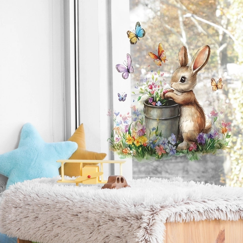 Watercolor Rabbit Holding Flower Basket Butterfly Wall Sticker PVC Removable DIY Decorative Mural Decal For Kids Room Bedroom