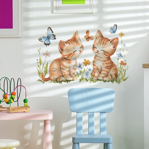 Adesivi Murali Gatto Arancione Farfalla Cartone Animato PVC Stile Acquerello Murale DIY Rimovibile Per Decorazione Cameretta Letto