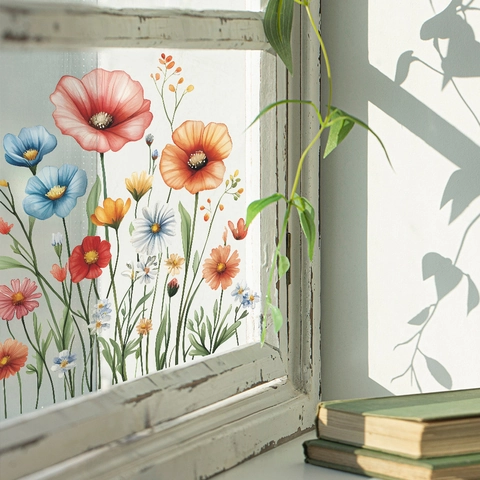 Aquarell Mohnblume Fensteraufkleber PVC Transparent Glasaufkleber Für Haus Dekor Wohnzimmer Badezimmer Modern Floral Wandaufkleber