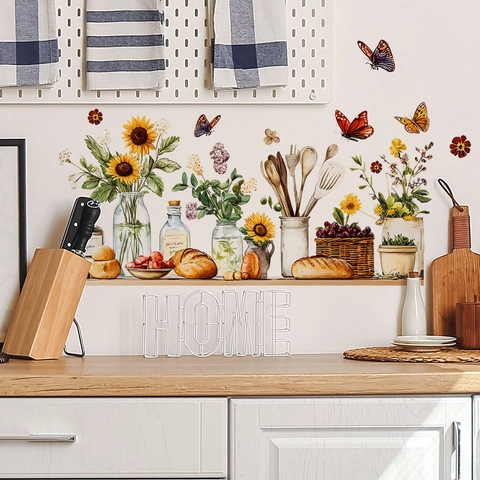 Sunflower Butterfly Kitchen Wall Stickers PVC Watercolor Flower Spoon Decals For Kitchen Dining Room Home Beautifying Decor