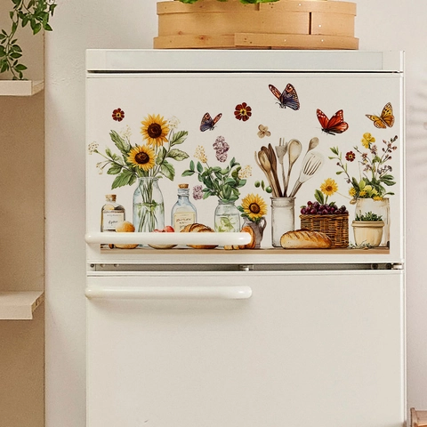 Sunflower Butterfly Kitchen Wall Stickers PVC Watercolor Flower Spoon Decals For Kitchen Dining Room Home Beautifying Decor