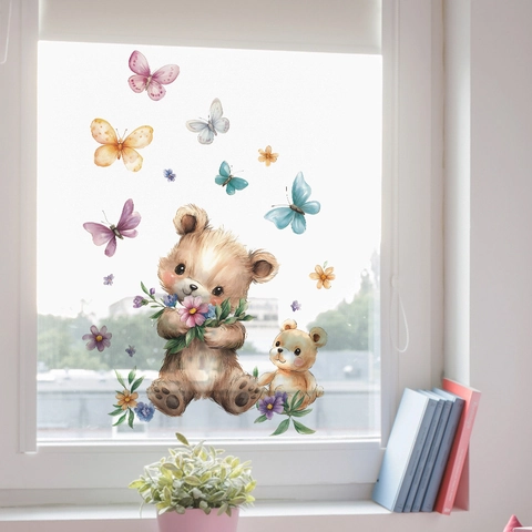 Adesivi Murali ad Acquerello con Orsetto e Farfalla in PVC Decalcomanie Decorative per Cameretta Soggiorno Camera da Letto Casa