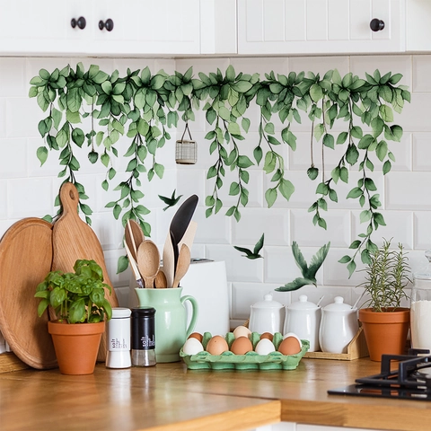 Aquarel Groene Ranken Bladeren Vogel Muurstickers PVC Zelfklevende Planten Muurschildering Voor Woonkamer Slaapkamer Decor