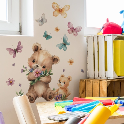 Adesivi Murali ad Acquerello con Orsetto e Farfalla in PVC Decalcomanie Decorative per Cameretta Soggiorno Camera da Letto Casa