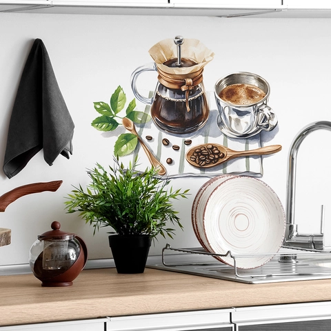 Watercolor Coffee Pot Cup Wall Stickers PVC DIY Coffee Beans Leaves Wall Decals For Kitchen Cafe Restaurant Home Decor