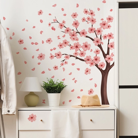 Watercolor Cherry Blossom Tree Bird Wall Stickers PVC Self-Adhesive Floral Decals for Living Room Bedroom Wall Decoration