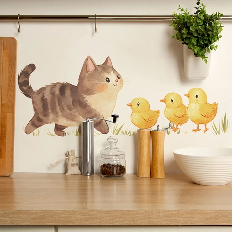 Cartoon Cat And Yellow Chicks Kitchen Wall Stickers PVC Self Adhesive Waterproof Decorative Decals For Dining Room Home Decor