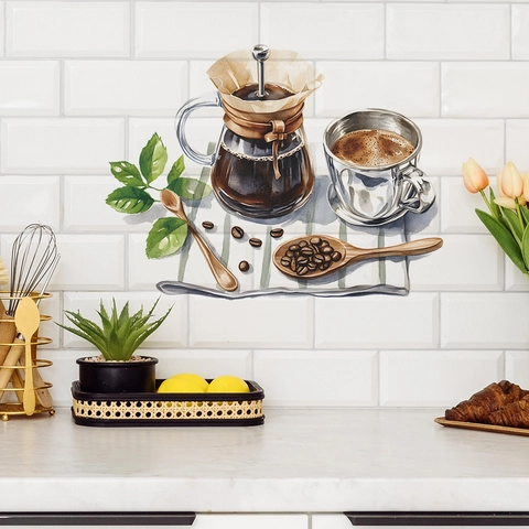 Watercolor Coffee Pot Cup Wall Stickers PVC DIY Coffee Beans Leaves Wall Decals For Kitchen Cafe Restaurant Home Decor