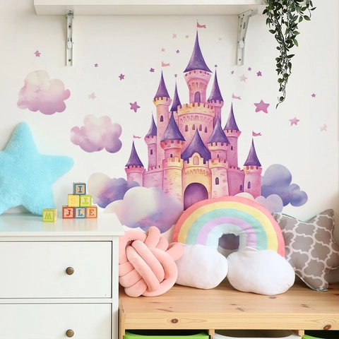 Pegatinas De Pared Castillo Acuarela Rosa Púrpura Para Dormitorio Niñas Niños Nube Estrella Decoración Hogar Desmontable