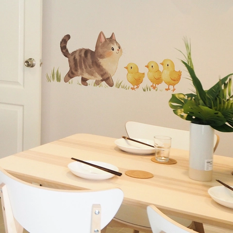 Cartoon Cat And Yellow Chicks Kitchen Wall Stickers PVC Self Adhesive Waterproof Decorative Decals For Dining Room Home Decor