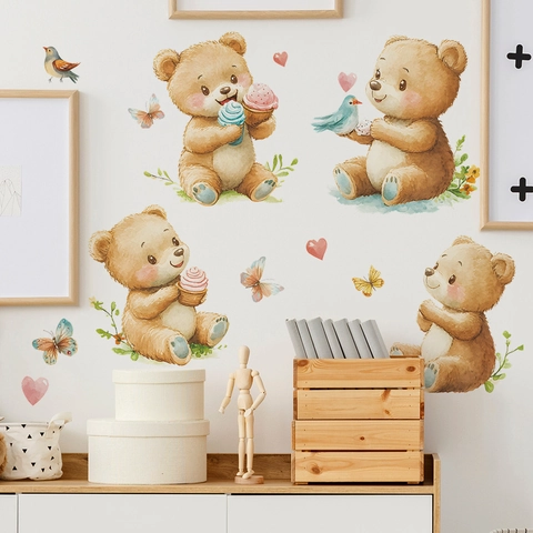 Adesivi Murali Orsetto Cartoon Acquerello in PVC Decalcomanie Decorative Animali per Cameretta Bambini Soggiorno Casa