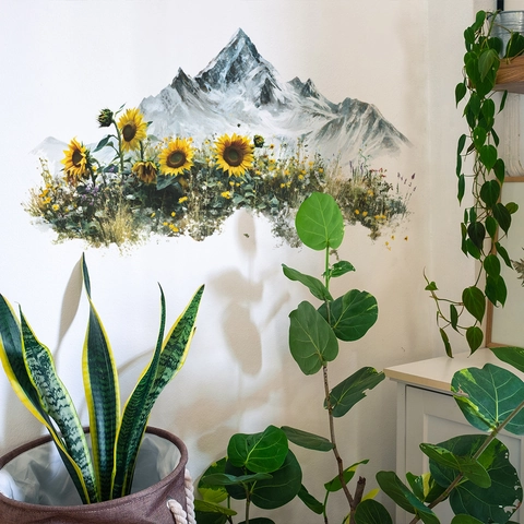 Adesivo da Parete Paesaggio Montagna Girasole Decalcomania Artistica PVC per Soggiorno Camera da Letto Decorazione Murale