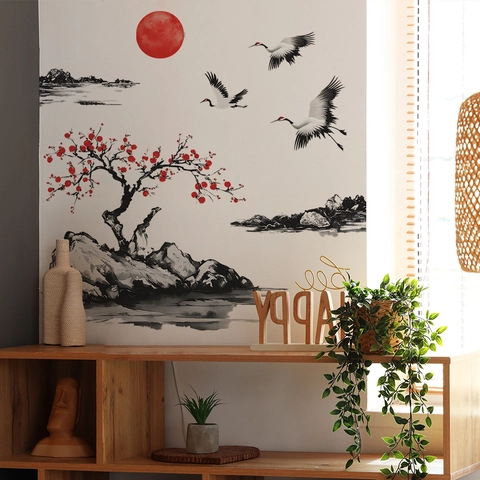 Chinese Ink Wash Style Wall Sticker Plum Blossom Sunset Flying Cranes PVC Removable Wall Decal For Living Room Bedroom Home Decor