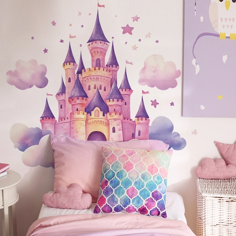 Pegatinas De Pared Castillo Acuarela Rosa Púrpura Para Dormitorio Niñas Niños Nube Estrella Decoración Hogar Desmontable