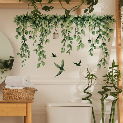 Aquarel Groene Ranken Bladeren Vogel Muurstickers PVC Zelfklevende Planten Muurschildering Voor Woonkamer Slaapkamer Decor