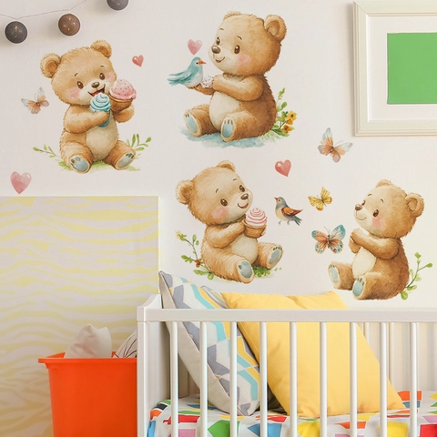 Adesivi Murali Orsetto Cartoon Acquerello in PVC Decalcomanie Decorative Animali per Cameretta Bambini Soggiorno Casa