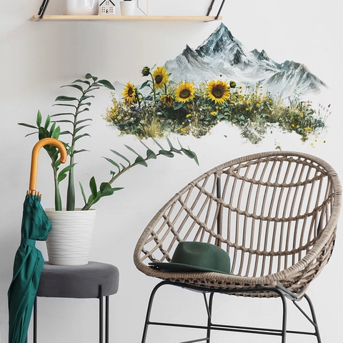 Adesivo da Parete Paesaggio Montagna Girasole Decalcomania Artistica PVC per Soggiorno Camera da Letto Decorazione Murale