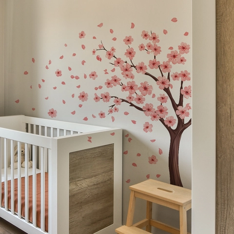 Watercolor Cherry Blossom Tree Bird Wall Stickers PVC Self-Adhesive Floral Decals for Living Room Bedroom Wall Decoration