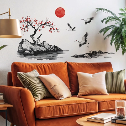 Chinese Ink Wash Style Wall Sticker Plum Blossom Sunset Flying Cranes PVC Removable Wall Decal For Living Room Bedroom Home Decor