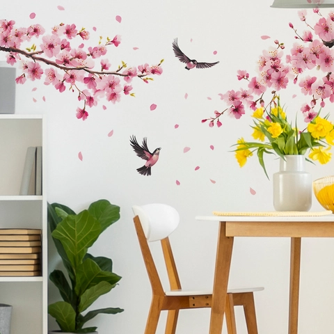 Adhesivo de Pared Moderno de PVC Rama de Flor de Durazno Rosa Con Pájaros Calcomanía de Pared Floral Removible Decoración Hogar