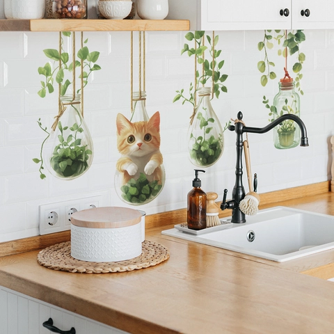 Stickers Muraux Créatifs Modernes Bouteille en Verre Plantes Vertes et Chat Mignon PVC Décoratifs pour Chambre Salon Cuisine Maison