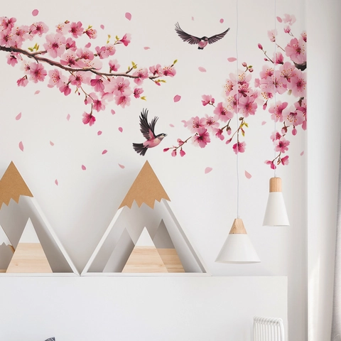 Adhesivo de Pared Moderno de PVC Rama de Flor de Durazno Rosa Con Pájaros Calcomanía de Pared Floral Removible Decoración Hogar
