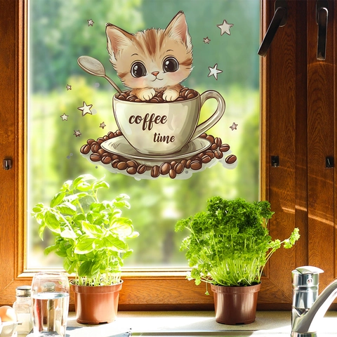 Cartoon Katze In Kaffeetasse Wandtattoo PVC Coffee Time Aufkleber Für Küche Restaurant Café DIY Haus Kunst Deko Wandbild