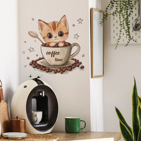 Cartoon Katze In Kaffeetasse Wandtattoo PVC Coffee Time Aufkleber Für Küche Restaurant Café DIY Haus Kunst Deko Wandbild