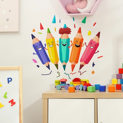 Adesivi Murali a Matita Antropomorfi in Cartone Animato in PVC Decalcomanie Decorative Creative Multicolore Per Cameretta Bambini