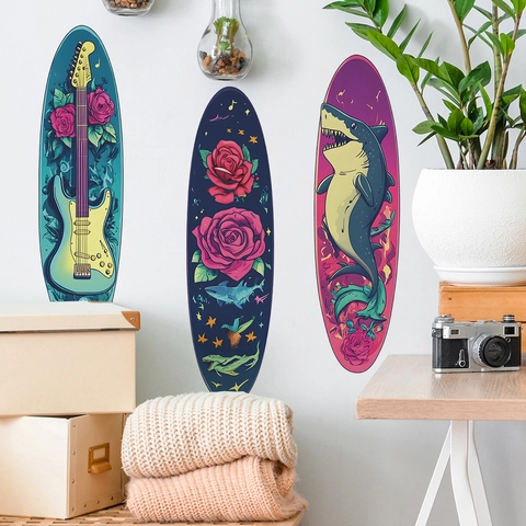 Creative Guitar Flower Shark Triptych Wall Sticker PVC Removable Art Poster For Living Room Bedroom Home Decor Mural