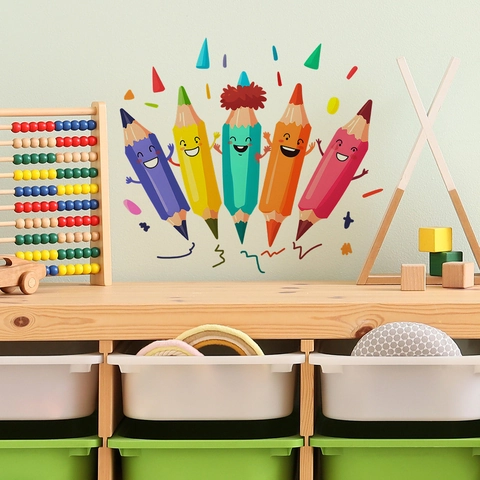 Adesivi Murali a Matita Antropomorfi in Cartone Animato in PVC Decalcomanie Decorative Creative Multicolore Per Cameretta Bambini