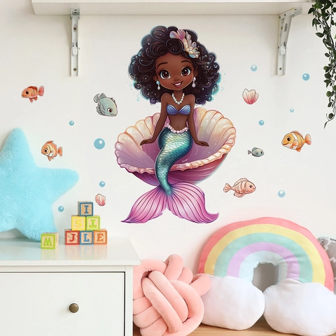 Pegatinas De Pared De Princesa Sirena Africana De Dibujos Animados Concha Púrpura PVC Autoadhesivas Para Cuarto De Niños