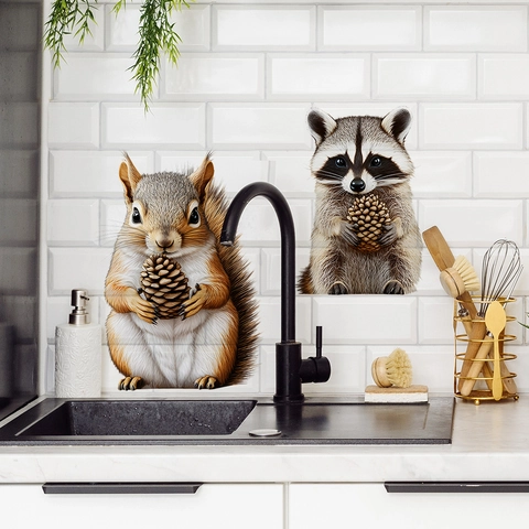 Adesivo Da Parete Con Animali Realistici Scoiattolo Procione Decalcomania Decorativa In PVC Per Soggiorno Camera Da Letto Parete Casa