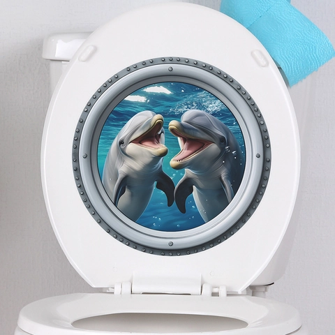 Pegatina de Pared 3D Delfín del Océano PVC Impermeable Mundo Submarino Ojo de Buey Calcomanía para Baño Inodoro Hogar