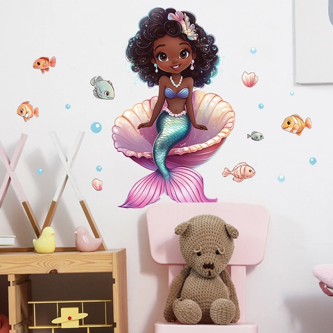 Pegatinas De Pared De Princesa Sirena Africana De Dibujos Animados Concha Púrpura PVC Autoadhesivas Para Cuarto De Niños