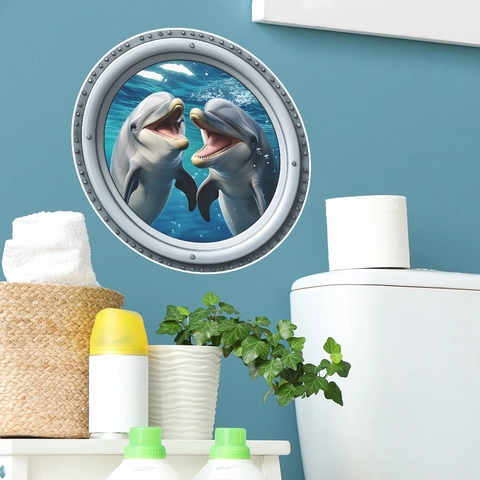 Pegatina de Pared 3D Delfín del Océano PVC Impermeable Mundo Submarino Ojo de Buey Calcomanía para Baño Inodoro Hogar