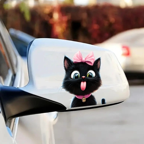 Cartoon Black Cat With Pink Bow Bell Car Sticker PVC Waterproof Decal For Auto Window Home Mirror Decorative Sticker