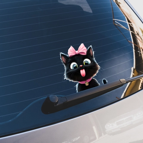 Cartoon Black Cat With Pink Bow Bell Car Sticker PVC Waterproof Decal For Auto Window Home Mirror Decorative Sticker