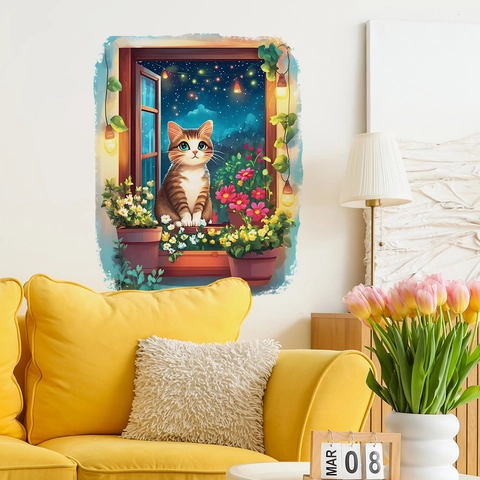 Creative Faux Window Cat Starry Sky Night Scene Wall Sticker Waterproof PVC Decal For Bedroom Living Room Background Home Decor