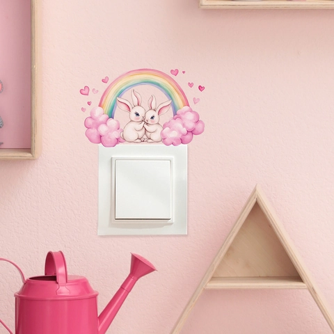 Adesivo Murale in PVC con Coniglio di Coppia di Cartoni Animati e Arcobaleno per Decorazione Interruttore Luce per Cameretta Bambini Camera da Letto